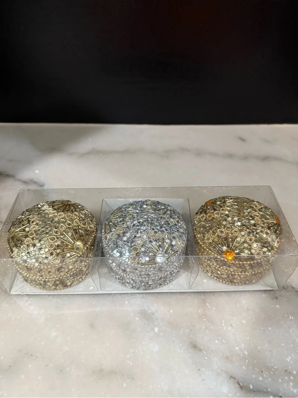 Set of three Pier 1 Imports mini trinket boxes adorned with intricate beading
